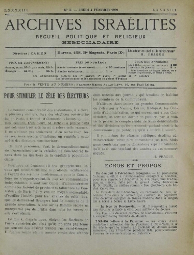 Archives israélites de France. Vol.93 N°05 (04 févr. 1932)